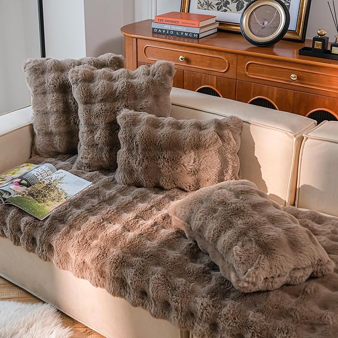 Neelvin Brown Faux Fur Cozy Soft Double-Sided Decorative Throw Pillow Covers 18x18 inch Set of 2,Velvet Pillowcase Cushion Case for Sofa Couch
