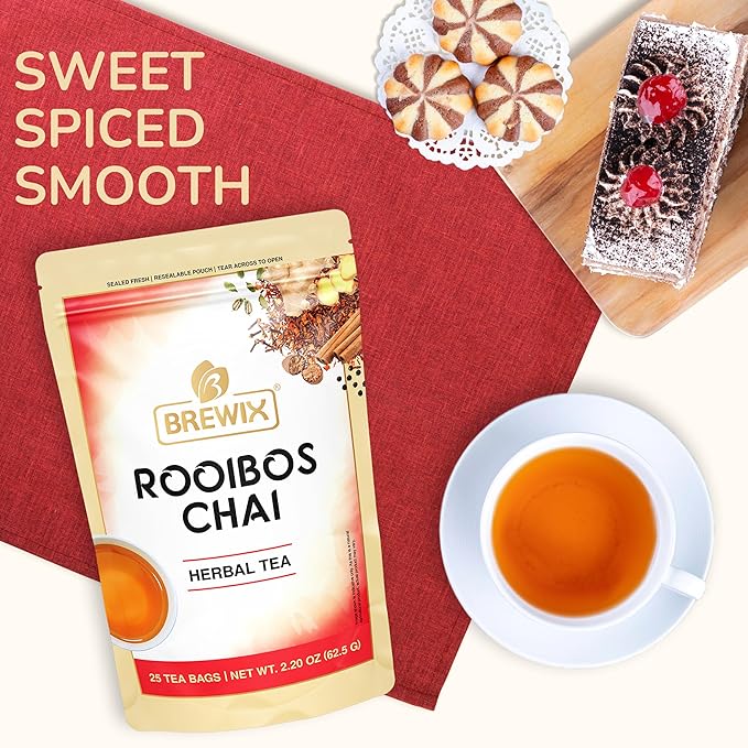 BREWIX, Rooibos Chai Tea Bags (25 Pyramid Tea Bags) Caffeine-Free, Herbal Tea, South African Red Tea | Rooibos, Cardamom, Cinnamon, Black Pepper, Nutmeg, Ginger & Clove