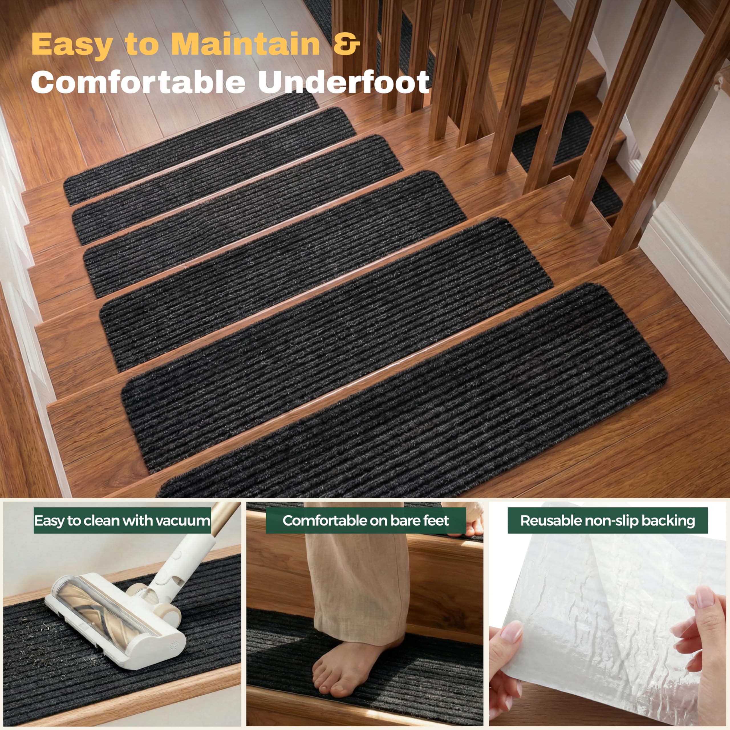 MBIGM Carpet Stair Treads for Wooden Steps, Black, 8 x 30 in, 15 Pack