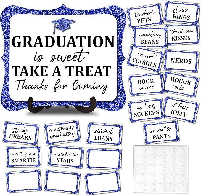 20PCS Graduation Candy Buffet Labels, 1 Blue Glitter Candy Buffet Table Sign with Stand, Catering Supplies Display for Graduation Decorations Class of 2026 -A01