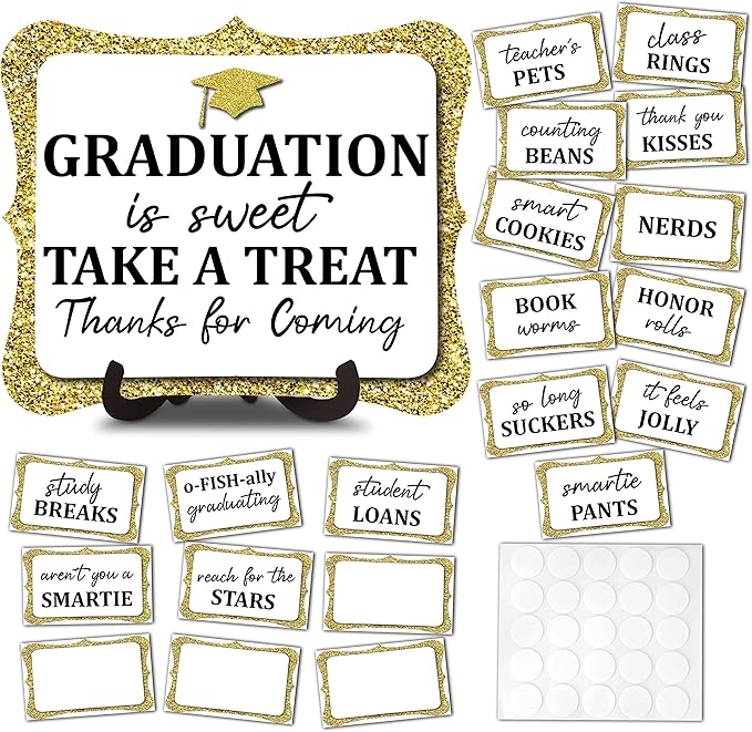 20PCS Graduation Candy Buffet Labels, 1 Gold Glitter Candy Buffet Table Sign with Stand, Catering Supplies Display for Graduation Decorations Class of 2026 -A05