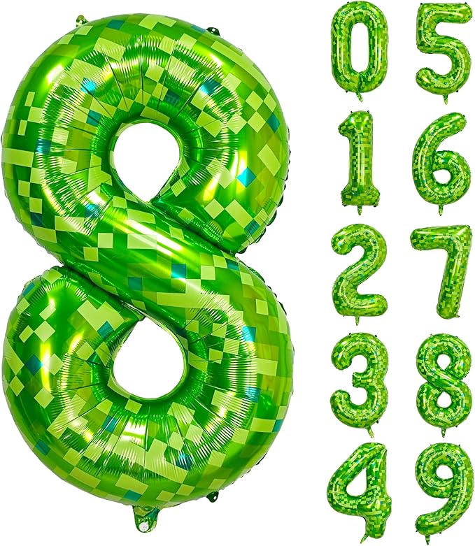 40 inch giant Green pixel miner game number 8 balloon Large mining theme foil balloon 0-9 Suitable for pixel game parties children's birthdays party anniversary celebrations baby shower decoration