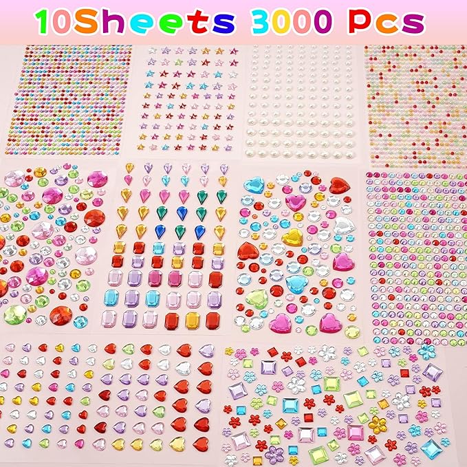 3000 PCS Gem Stickers - Self Adhesive Scrapbook Supplies | Rhinestones for Crafts Supplies,Small Earrings Face Nail Jewels for Kids - Face Gems Body Glitter Hair Jewelry for Women,Travel Essential