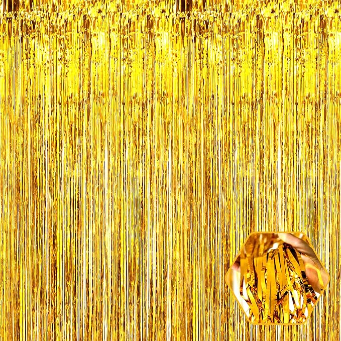 3 Pack Gold Foil Fringe Curtain Backdrop, 3.28Ft x 6.6Ft Metallic Tinsel Foil Fringe Streamer Curtains for Photo Booth, Christmas Day, Thanksgiving, Wedding, New Year Party Decorations