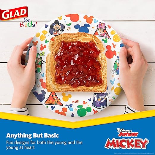 Glad for Kids Disney Mickey and Friends Disposable Paper Plates for Snacks and Meals, Heavy Duty Soak Proof Cut Resistant Microwave Safe Kids Plates, Party Pack, 8.5 Inch, 40 Count