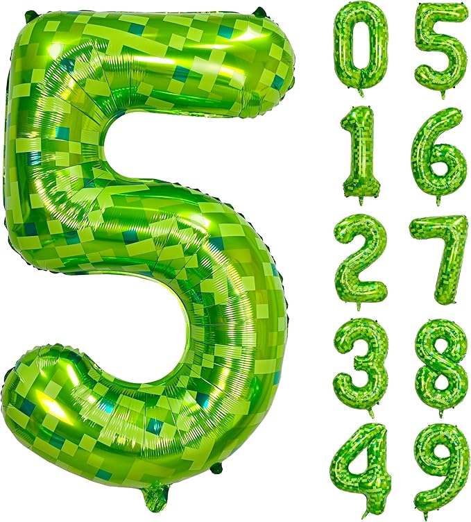 40 inch giant Green pixel miner game number 5 balloon Large mining theme foil balloon 0-9 Suitable for pixel game parties children's birthdays party anniversary celebrations baby shower decoration