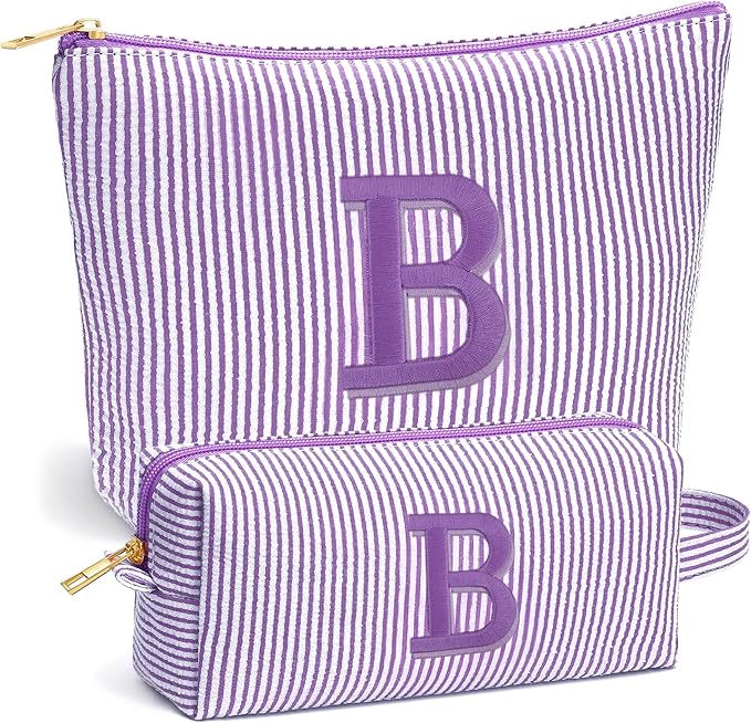 Birthday Gifts for Women - Custom Initial Makeup Bag Set, Portable Makeup Pouch Cosmetic Bag with Zipper, Travel Essentials Toiletry Bag Travel Gifts for Women, Purple B