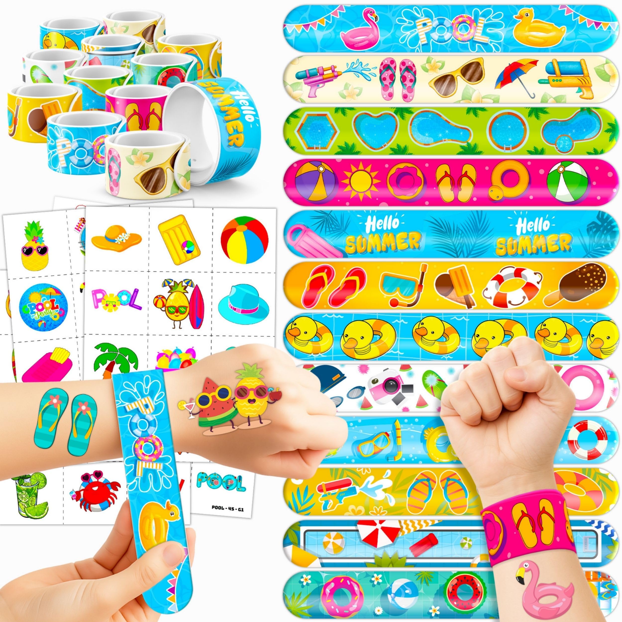 Cherisnowy 72PCS Pool Beach Summer Party Favors, Tattoos & Slap Bracelets