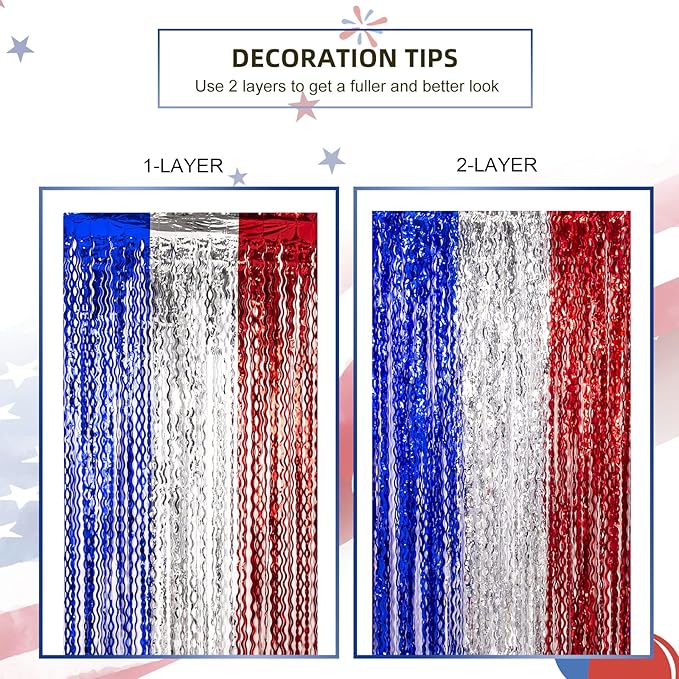 LOLStar 4th of July Decorations,Red White and Blue 3 Pack Wave Tinsel Foil Fringe Curtains, Memorial Day Photo Booth Prop Streamer Backdrop for Patriotic America Party, Independence Labor Day