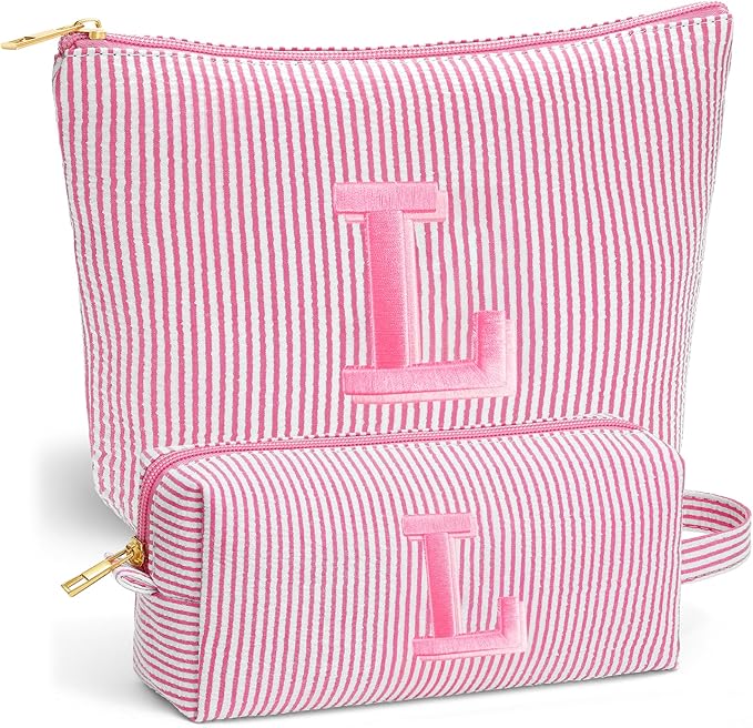 Travel Makeup Bag for Girls - Personalized Initial Pink Makeup Bag, Teen Girl Gifts Trendy Stuff, 6 7 8 9 10 11 12 Year Girl Birthday Gift, Christmas Gift for Girls Travel Essentials, Letter L