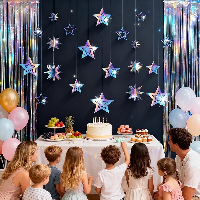 BTSD-home Iridescent Star Garland Decorations 14 Mixed 3D Twinkle Hanging Stars with 5.25FT Holographic Octagon Star Garland for Home School Ceiling Window Starry Space Birthday Party Decorations
