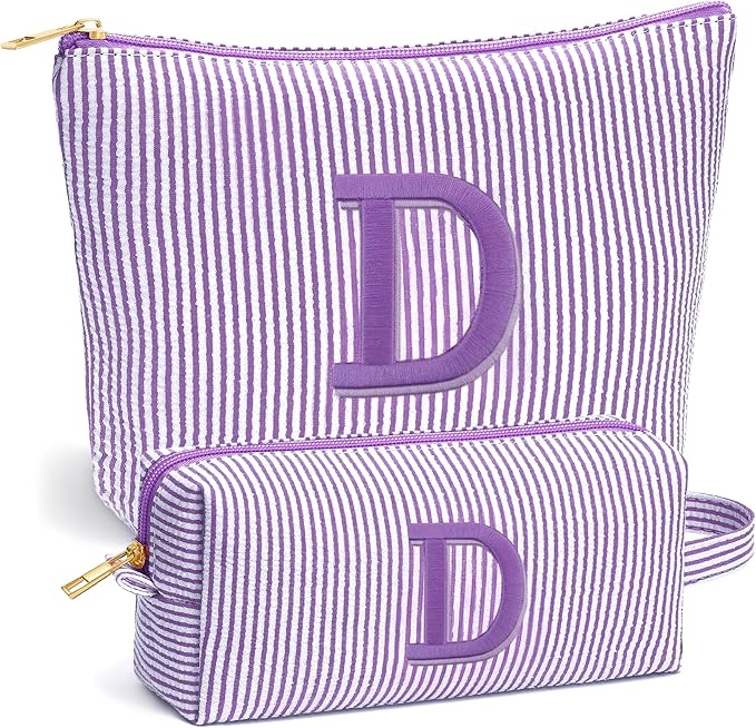 Travel Essentials - Portable Travel Makeup Bag Set for Women, Custom Portable Initial Travel Toiletry Bag, Makeup Pouch Organizer Cosmetic Bag Birthday Gifts for Women, Purple Letter D