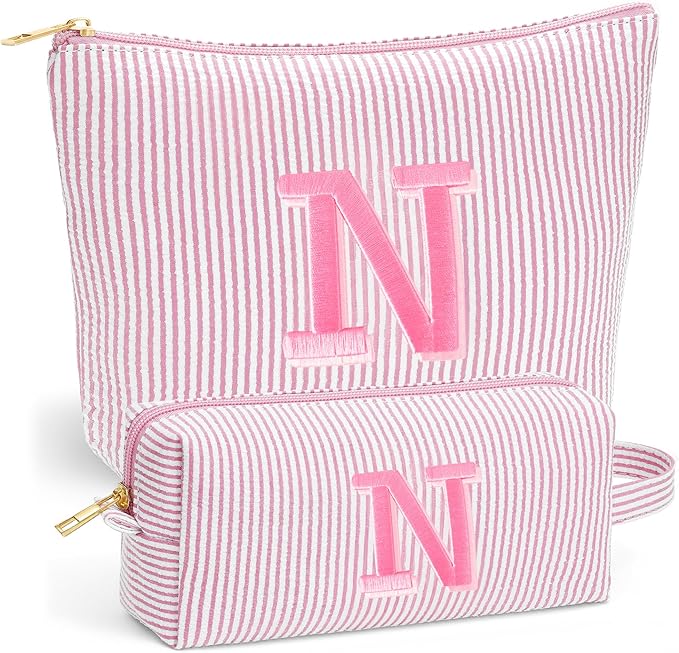 Initial Travel Toiletry Bag for Women - Travel Essentials, Personalized Travel Makeup Bag Small Cosmetic Make up Bag Cute Stuff Birthday Gifts for Women Mom Girlfriend Teacher, Light Pink N