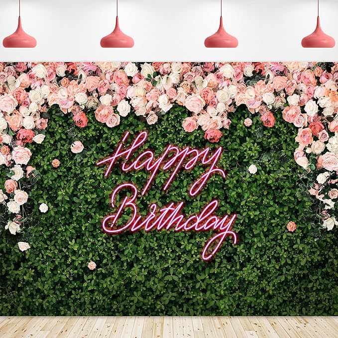 Riyidecor Green Leaves Happy Birthday Backdrop Polyester Fabric Neon Pink Floral Rose Flower Blossom Botanical Plant Nature 8Wx6H Feet Girls Women Photography Background Birthday Photo Studio Shoot