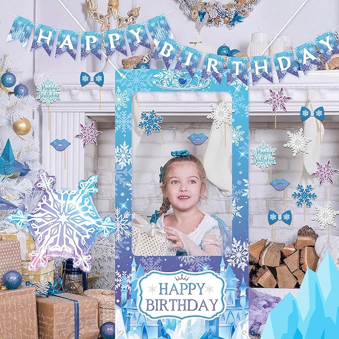 Frozen Birthday Decorations for Women,Happy Birthday Banner,Snowflake Foil Balloon,35 Blue Purple White Balloons,Photo Booth Props for Girls