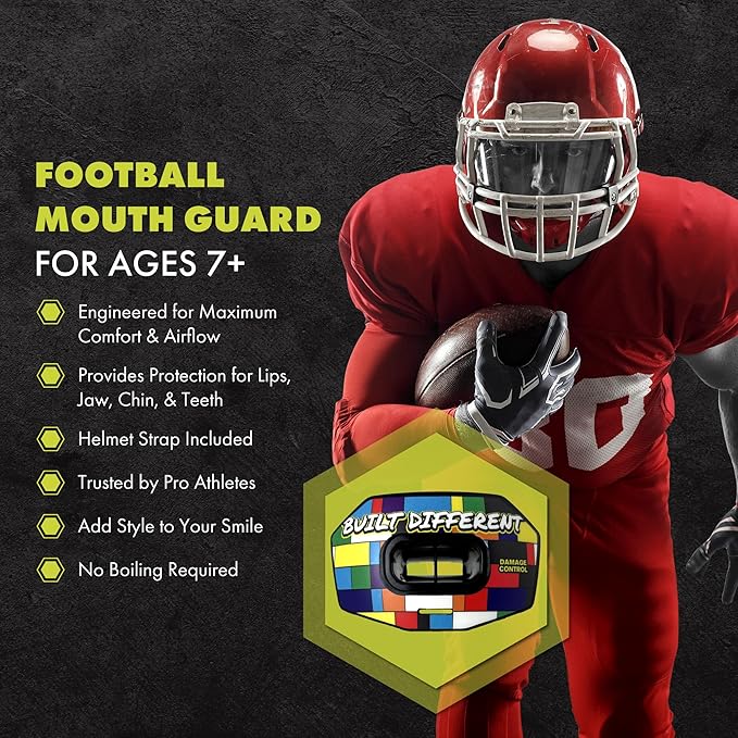 DAMAGE CONTROL Youth Football Mouth Guard – Breathable No Boil Mouthpiece, Protects Lips & Teeth, Works with Braces, Includes Helmet Strap – Sports Gear & Accessories (Built Different)