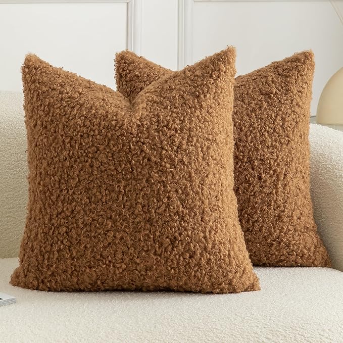 Pack of 2 Curly Teddy Wool Faux Fur Throw Pillow Covers Fuzzy Accent Soft Sherpa Pillowcases Sheepskin Fleece Decorative Cushion Case for Sofa Couch Living Room 18x18 Inch Bronze