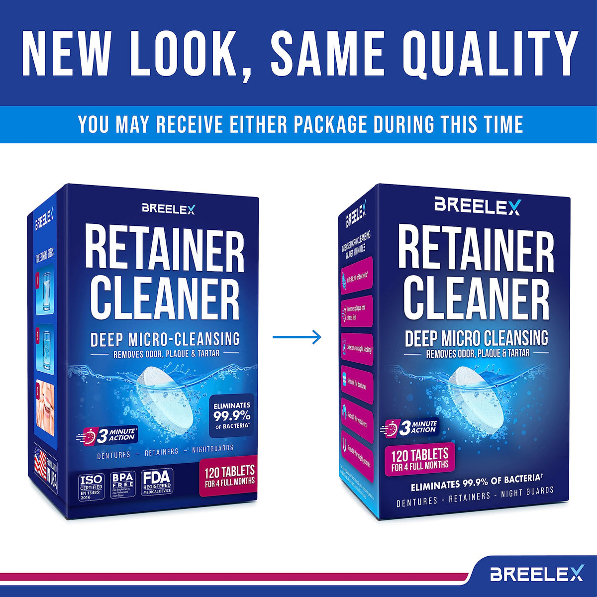 Breelex Retainer Cleaner Tablets for Dentures, Aligners & Night Guards – 120 Denture Cleaning Tablets, 3-Minute Deep Clean, Removes Plaque, Stains & Odor – FSA HSA Eligible