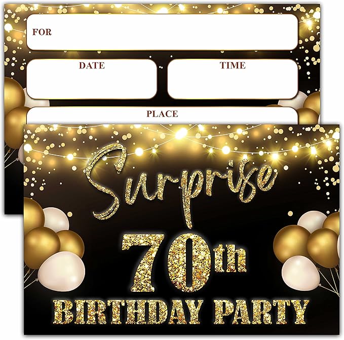 YSTEP 70th Birthday Party Invitations, 20 Black Gold Invite Cards with Envelopes, 4"x6" Foil Balloon Birthday Invites - B13