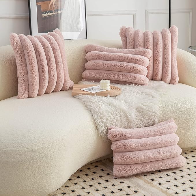 Neelvin Pink Faux Fur Cozy Soft Striped Decorative Throw Pillow Covers 20x20 inch Set of 2,Velvet Pillowcase Cushion Case for Sofa Couch