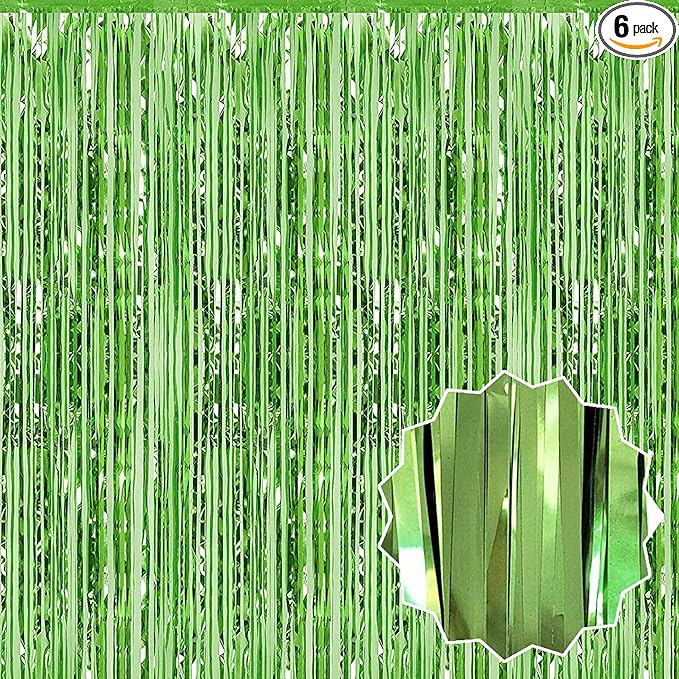6 Pack Light Green Foil Fringe Curtains Backdrop, 3.28 x 9.8 Ft Metallic Streamers Tinsel Curtains Background for Photo Booth, Birthday, Halloween, Christmas, Thanksgiving, New Year Party Decorations