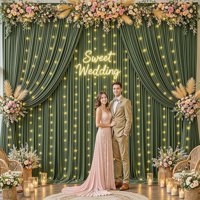 10 x 10ft Hunter Green Backdrop Curtains with Lights String Polyester Photo Backdrop Drapes Wrinkle Free Dark Green Long Curtain for Birthday Party Wedding Reception Baby Shower Ceremony-10 x 5ft x 2P