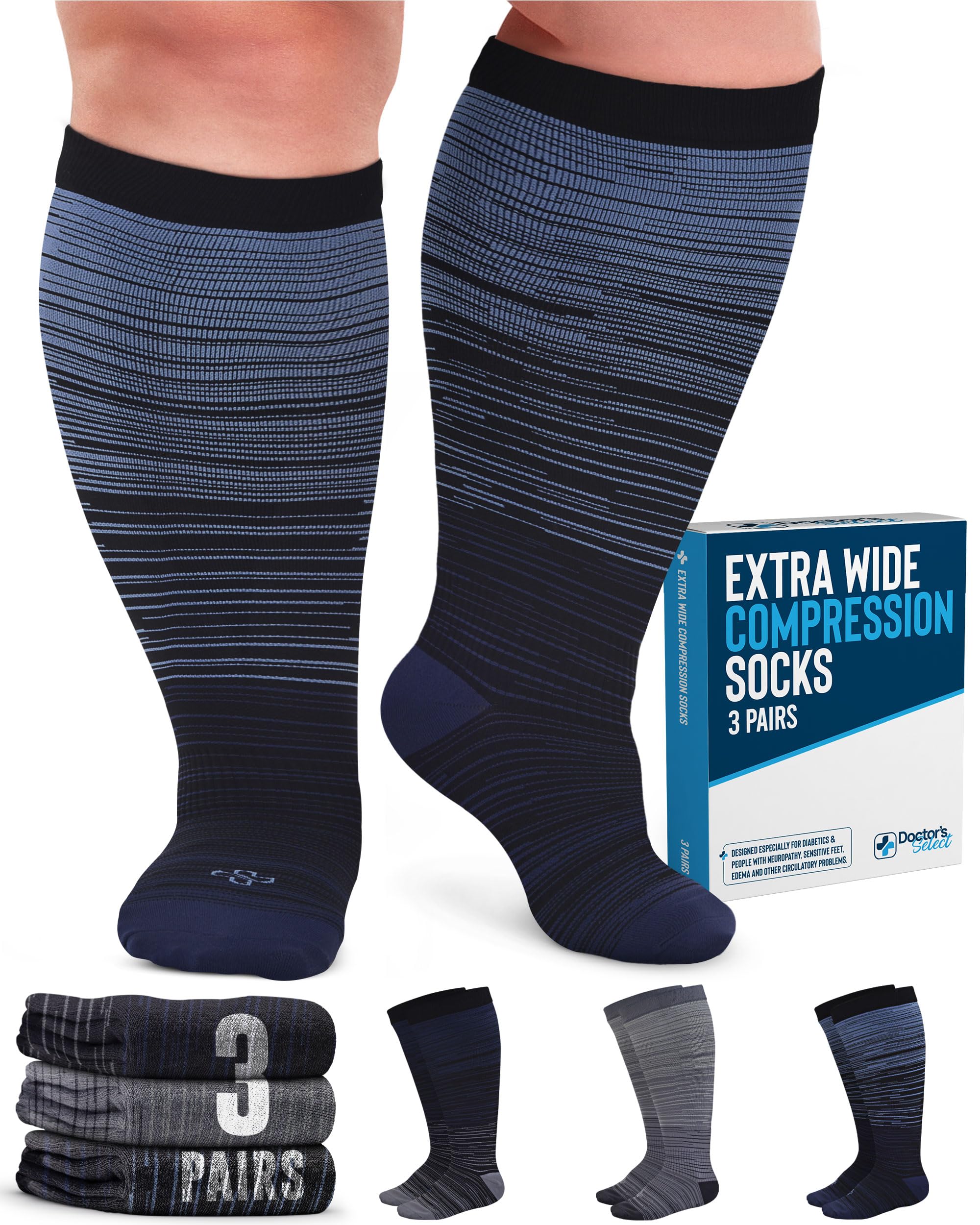 Doctor's Select® 3 Pairs Plus Size Compression Socks Wide Calf - Up to 6XL | 20-30 mmHg Compression Socks for Women Wide Calf | Line Patterns 2