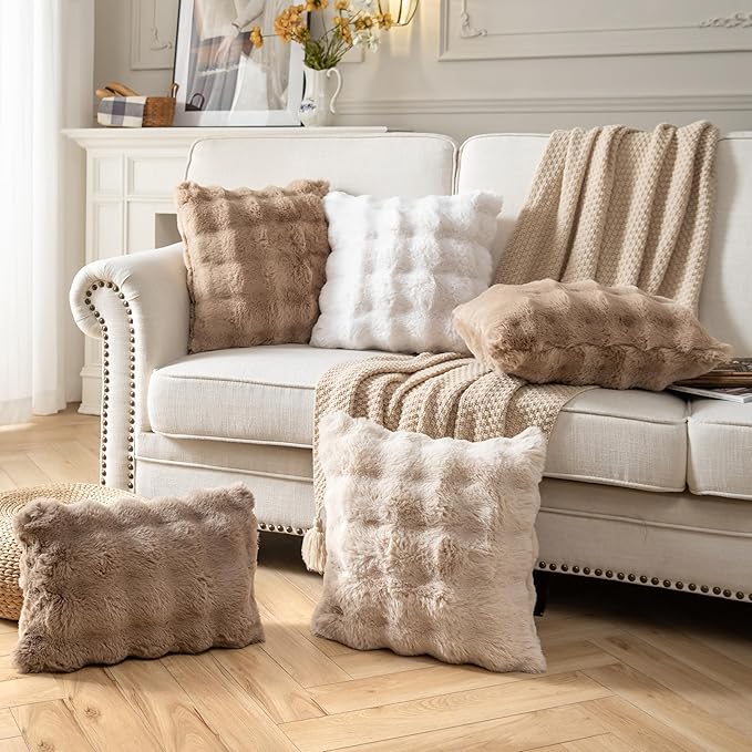 Pack of 2 Thick Plush Throw Pillow Covers Fluffy Wave Faux Fur Decorative Cushion Covers Soft Wool Pillowcase for Sofa Couch Livingroom 20x20 Inch White