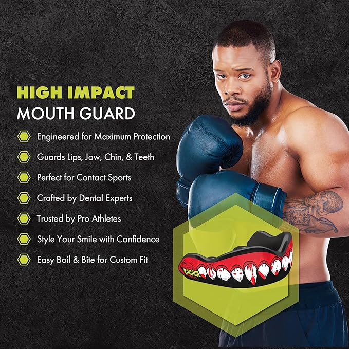 DAMAGE CONTROL High-Impact Mouth Guard – Sports Mouthguard for Boxing, Football, Hockey, Lacrosse & Basketball, Protects Teeth & Jaw, Protective Mouthpiece for Adults & Youth (Adult, Bleeding Fangs)