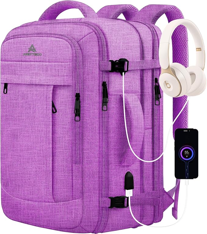 50L Carry On Backpack, Extra Large Laptop Backpack, Travel Backpack for Women, Expandable Water Resistant Big Bag Anti-Theft Business Daypack Fit 17 Inch Laptop with USB Port,Purple