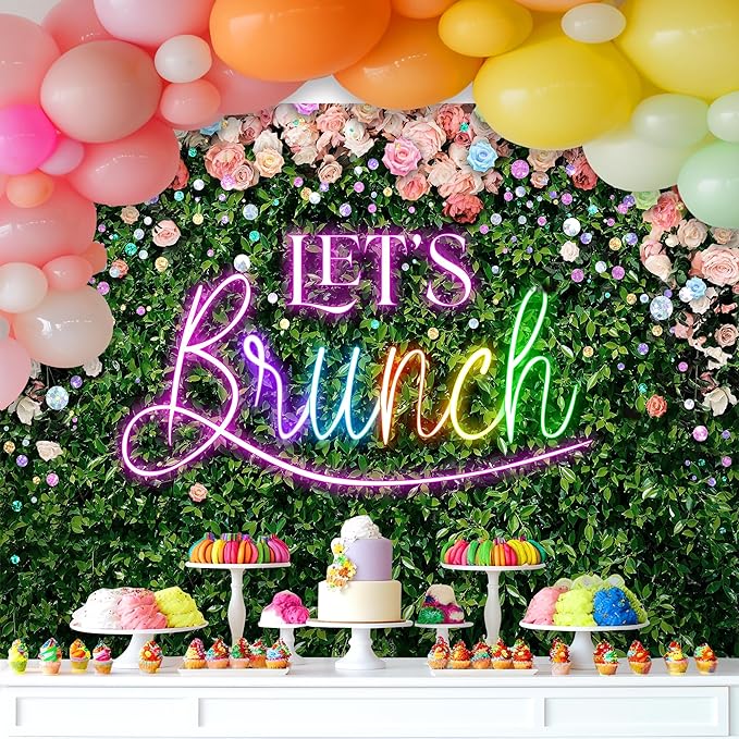 Riyidecor Green Leaves Let's Brunch Backdrop Polyester Fabric Neon Rainbow Pink Floral 8Wx6H Feet Rustic Greenery Photography Background Grass Lawn Women Brunch Party Photo Studio Shoot