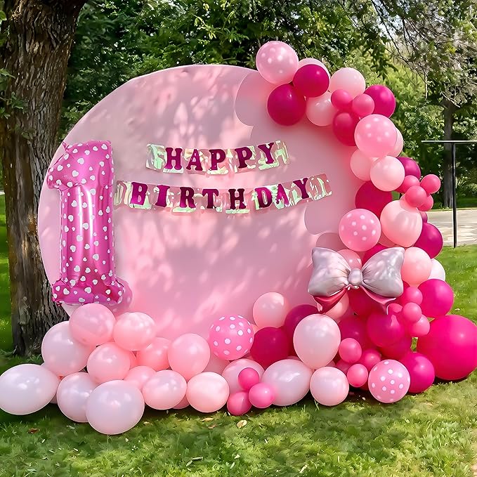 Pink 1st Birthday Balloons Decorations, Hot Pink Rose Polka Dots Balloons Arch Kit, Huge Bow Foil Ballons, Pinks Number 1 Balloon Tower for Baby Shower Girls Princess 1st Theme Party