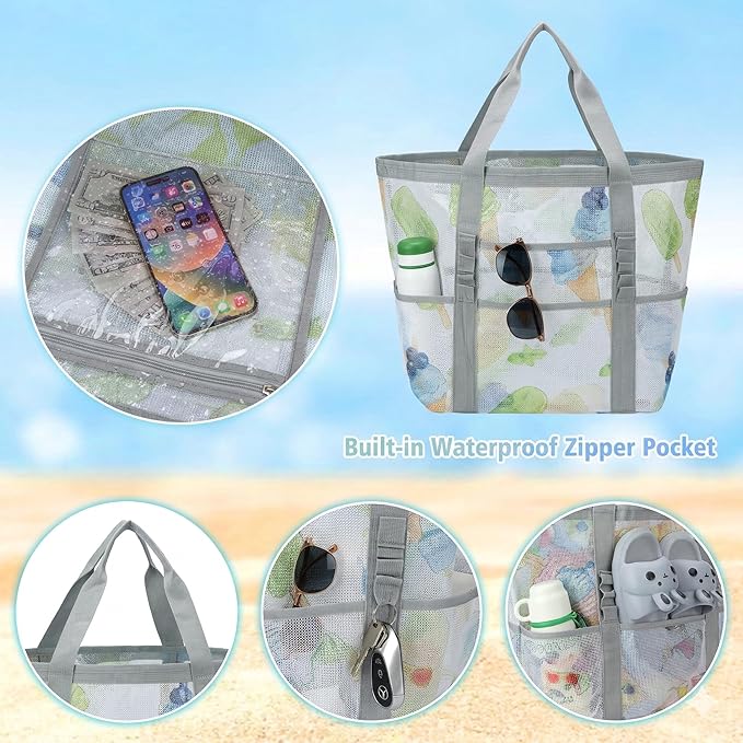 Mesh Beach Bags for Family - Women Beach Tote Bag for Toys, Towels, Travel Vacation Cruise Essentials