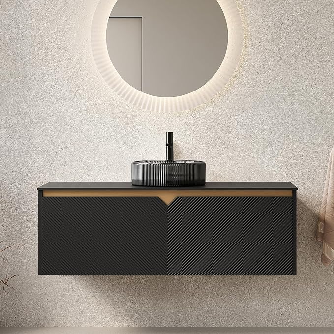 48 Inch Bathroom Vanity with Sink, Floating Fluted Vanity with Vessel Sink, Modern Wall Mounted Bathroom Vanity Cabinet with 2 Doors, Glass Vessel Sink & Sintered Stone Top, Black