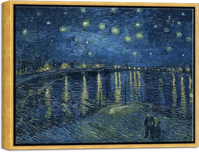 Wieco Art Framed Canvas Prints of Starry Night Over The Rhone Canvas Prints Wall Art by Van Gogh Paintings Reproduction Abstract Artwork for Wall Decor Bronze Gold Frame FVAN-0026-3040-80BGF