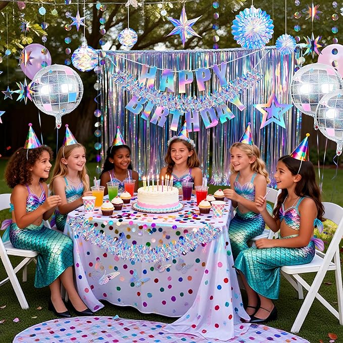 BTSD-home 4 Pack Iridescent Party Streamers Tinsel Foil Fringe Curtain Holographic Backdrop Metallic Shiny Photo Booth for Wedding Birthday Baby Shower Bachelorette Theme Party Decorations