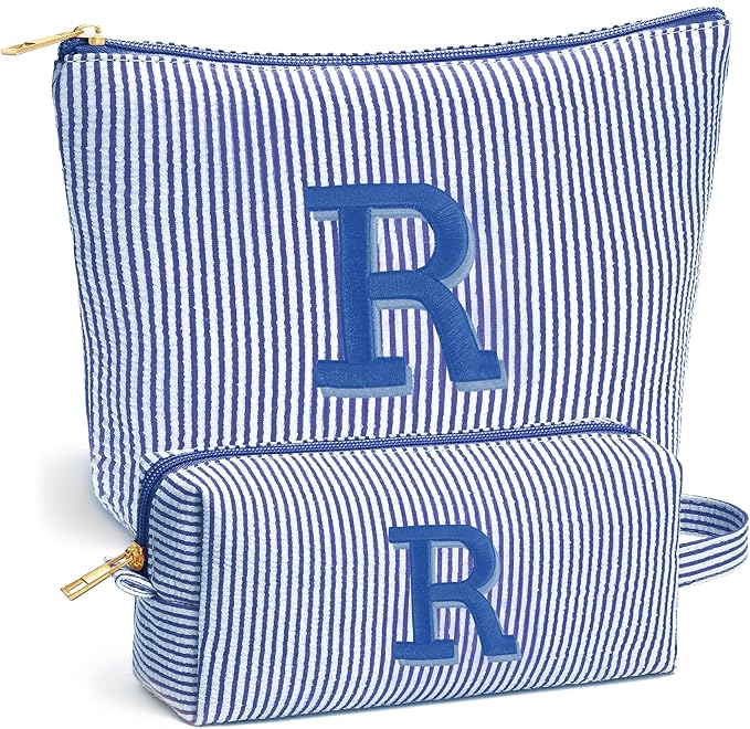 Initial Makeup Bag Set for Women - Personalized Travel Pouch, Portable Cosmetic Bag Make up Kit Pouch | Travel Essentials Cute Makeup Bag Birthday Gifts for Women, Blue Letter R