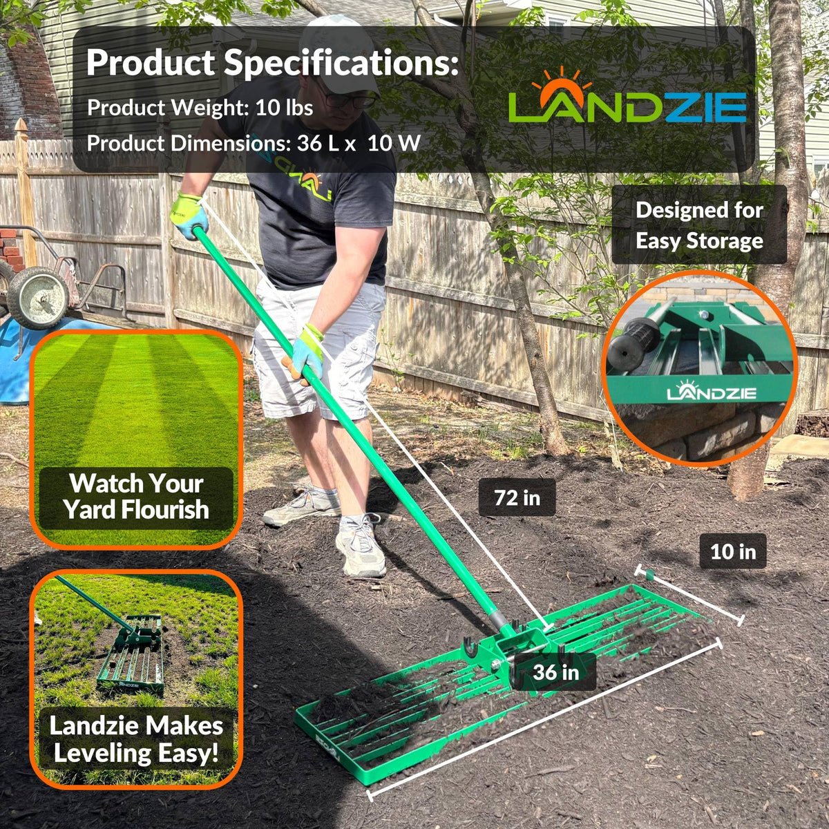 LANDZIE - The Original Lawn Leveling Rake – 36" Steel Handle Yard Leveler, Lawn Level Tool for Creating a Flat Surface - Works for Soil, Dirt, Topdressing, and Ground