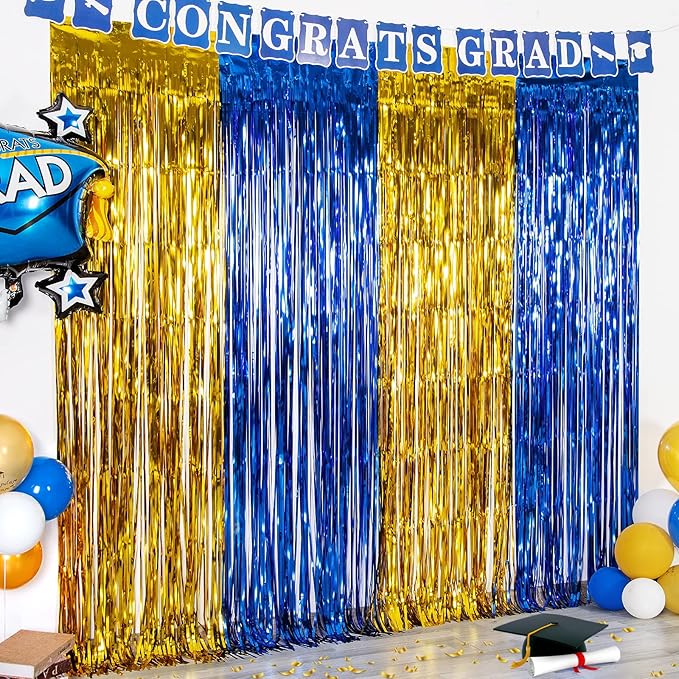 LOLStar Graduation Party Decoration, 4 Pack Blue and Gold 3.3x6.6 ft Foil Fringe Curtains, Tinsel Backdrop, Graduation Photo Booth Prop Streamer Backdrop for Class of 2026, Prom and Grad Party Decor