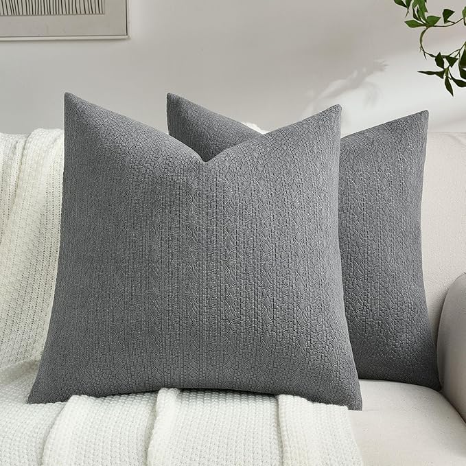 FUTEI Dark Grey Chenille Throw Pillow Covers 22x22 Inch Set of 2,Soft Striped & Diamond Textured Cushion Cases,Modern Home Decor for Couch Living Room