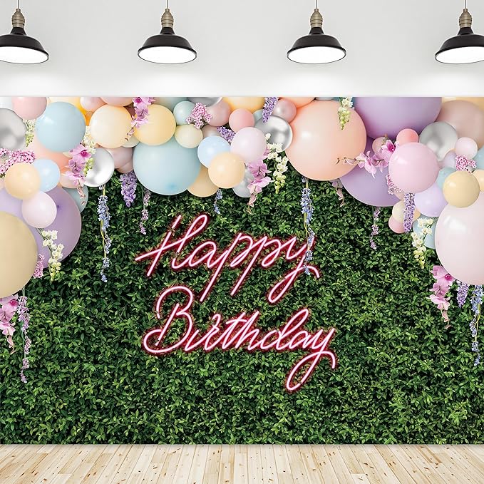 Riyidecor Green Leaves Happy Birthday Backdrop Polyester Fabric for Women Girls Neon Balloons Flower Wall Spring 7Wx5H Feet Rustic Plant Botanical Photography Background Birthday Photo Studio Shoot