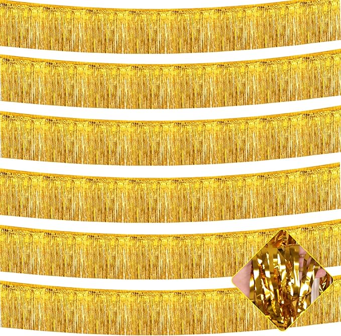 10 Pack 10 Feet Gold Foil Fringe Garland Metallic Tinsel Streamers Banner Wall Hanging Backdrop for Parade Floats, Bachelorette, Wedding, Birthday, Mardi Gras, Carnival Party Decorations