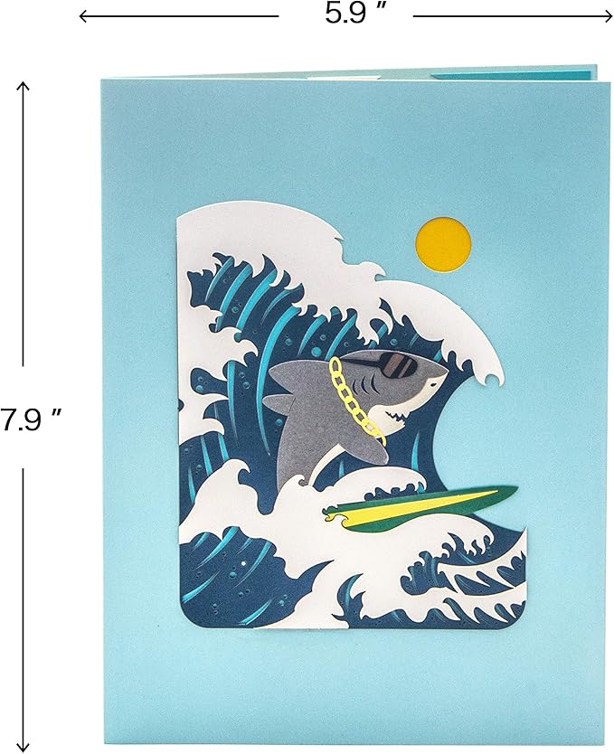 Ribbli Surfing Shark Pop Up Card for All Occasion, Birthday Cards, Fathers Day Card, Handmade 3D Sport Gift for Him Men Dad Husband Boyfriend Brother Boy Son Kid, with Envelope