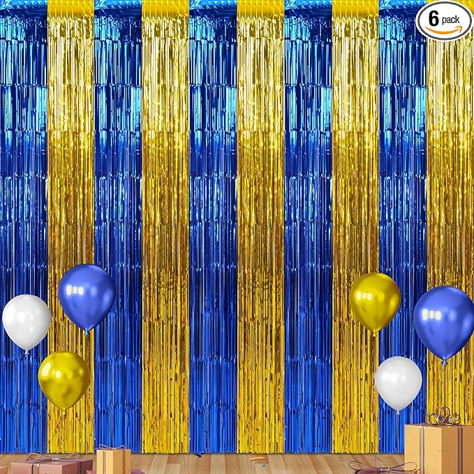 6 Pack 3.3Ft x 6.6Ft Graduation Foil Fringe Curtain Backdrop Decorations, Blue Gold Metallic Tinsel Foil Streamers Curtain Photo Booth Background for Graduation Prom Wedding Birthday Party Decorations