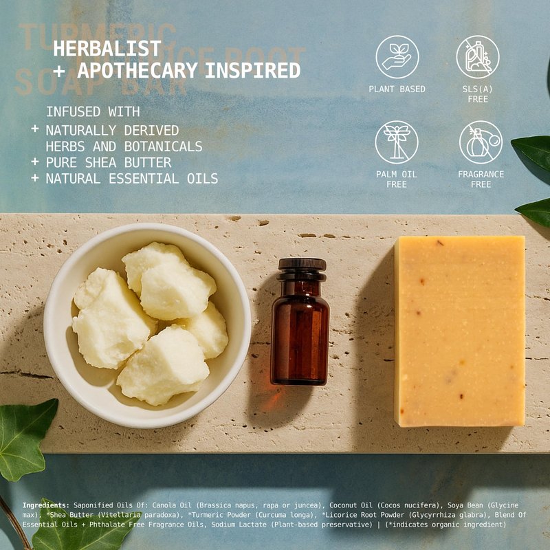 Natural Organic Soap Bar with Turmeric for Face and Body, Exfoliating Bar Soap, Infused with Licorice Root, Herbs, Botanicals, Shea Butter and Essential Oils, 4oz, 3 Pack Turmeric Soap Bar
