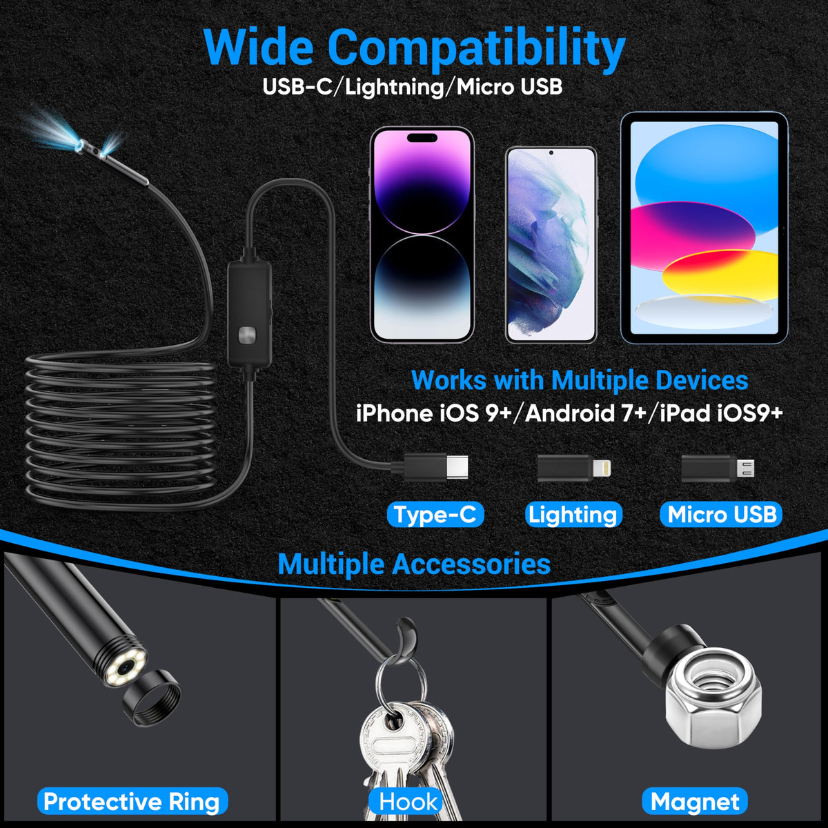 [Dual-Lens] Endoscope Camera with Light,1920P HD Borescope with 8+1 Adjustable LED Lights, IP67 Waterproof Endoscope with Semi-Rigid Snake Cable, Inspection Borescope for iOS and Android-16.4ft