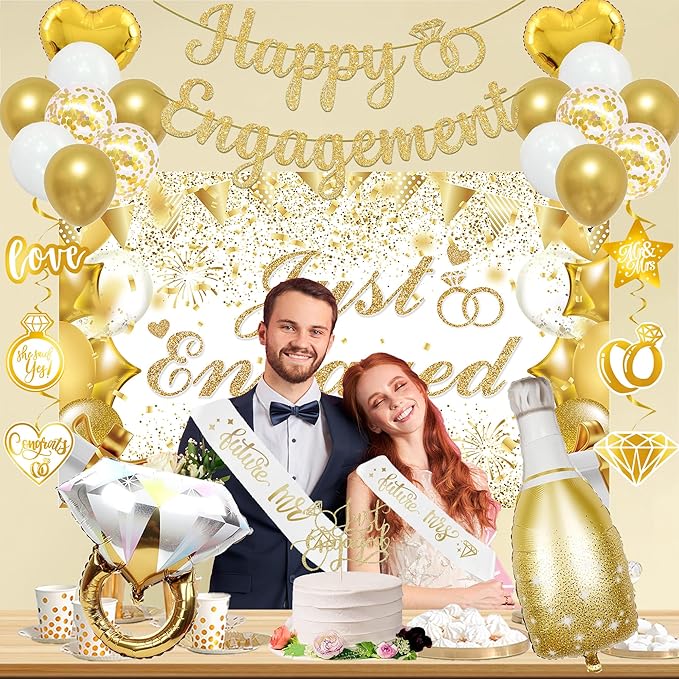 Vlipoeasn Gold Engagement Party Decorations for Couple, Just Engaged Backdrop Banner, Cake Topper, Honeycomb, Hanging Swirls