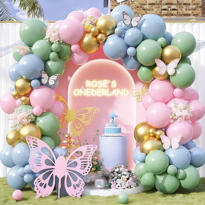 Pink and Green Balloon Arch Garland Kit, Sage Green and Pastel Pink Blue Metallic Gold Balloons, Woodland Balloons for Girls Baby Shower Floral Wonderland Spring Garden Tea Birthday Party Decorations