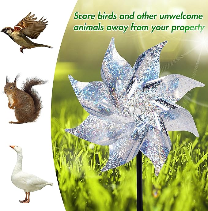 Hausse 10 Pack Reflective Pinwheels with Stakes (Assembly Required), Extra Sparkly Pin Wheel for Garden Decor, Bird Repellent Devices Deterrent to Scare Birds Away from Yard Patio Farm