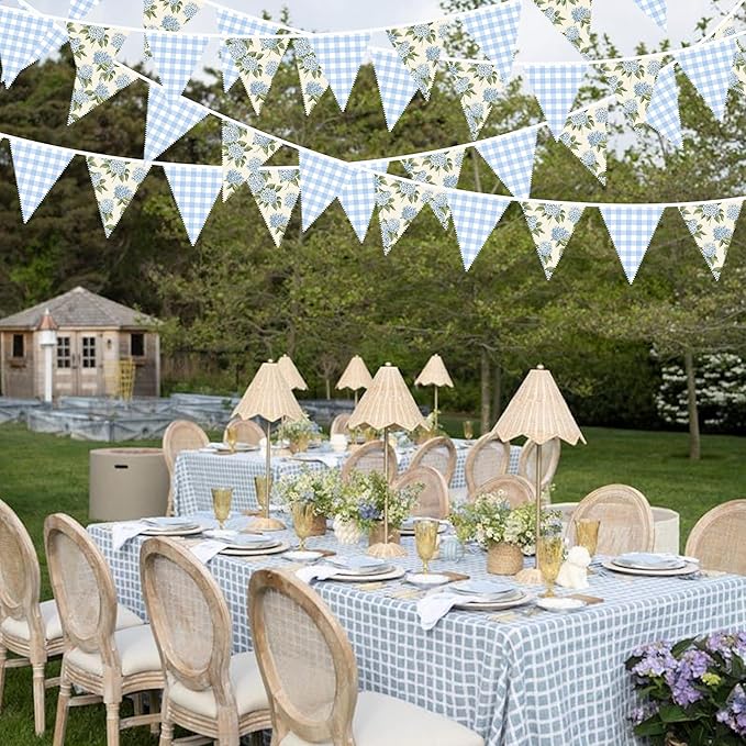 32Ft Blue Flora Party Decorations Blue Gingham HydrangeaTriangle Flag Fabric Banner Pennant Garland Streamer for Flora Birthday Vintage Flower Baby Shower Wedding Tea Party Garden Decor Supplies